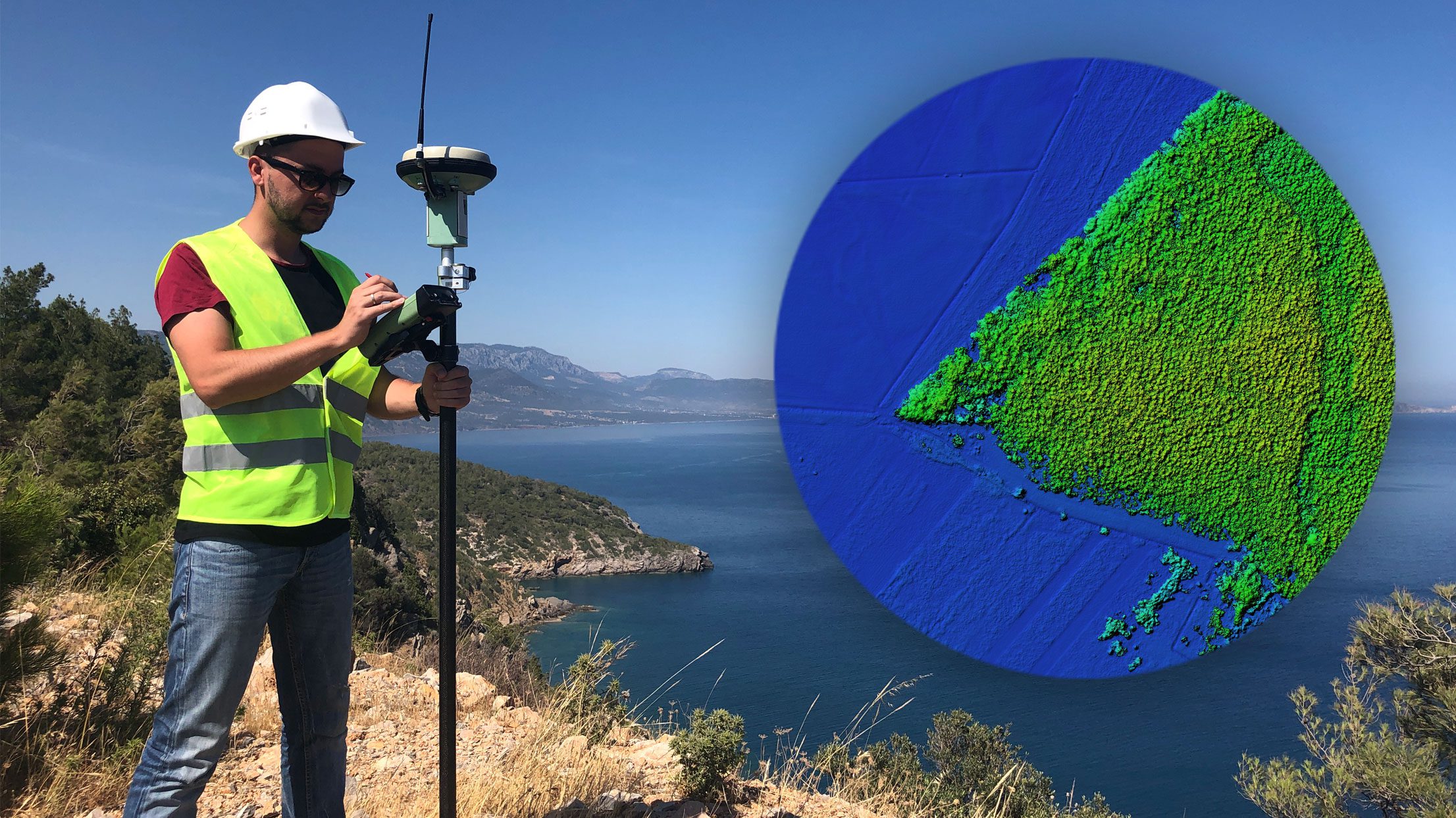 Pic: Surveyor outside with inset diagram of GIS water network