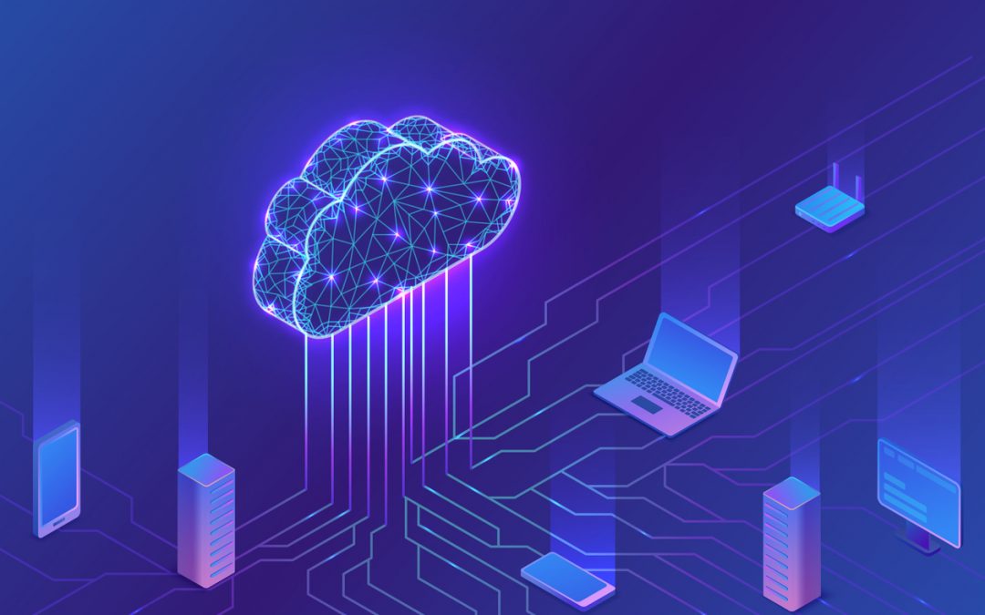 Purple and blue cloud computing concept with laptop, modem, router and other technology connected to a cloud icon by a network of lines.