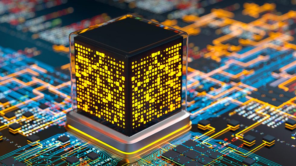 Quantum computing concept: A conceptual quantum core processor plugged into a traditional computer circuit board