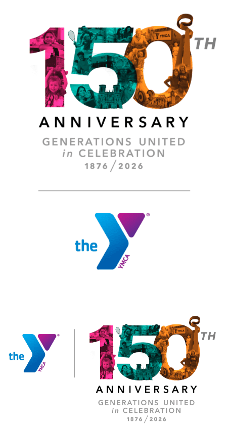 The vertical and horizontal orientations of YMCA's 150th Anniversary logo's preferred "collage" version