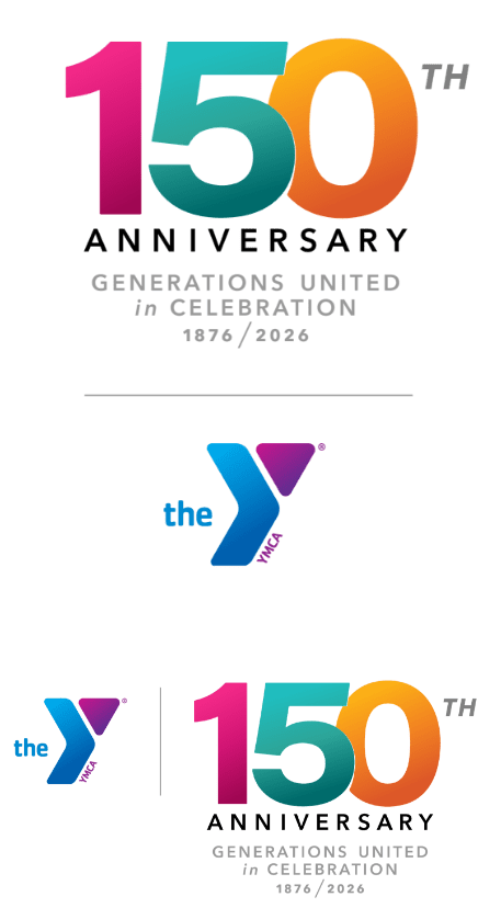 The vertical and horizontal orientations of YMCA's 150th Anniversary logo's "gradation" version