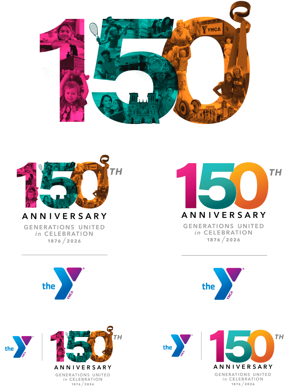 Artwork of the 150th element of the 150th Anniversary logo with the vertical and horizontal orientations of each full logo: the collage version to the left and the gradation numerals version to the right (seen only on mobile)