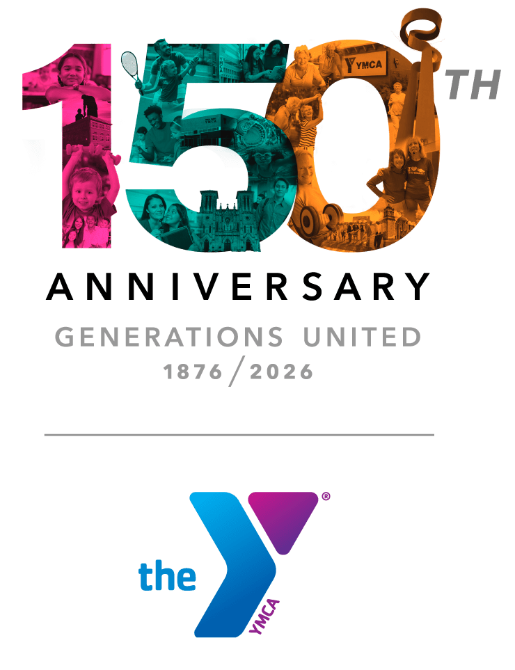 YMCA 150th Anniversary Logo: Generations United 1876/2026 with the YMCA logo underneath