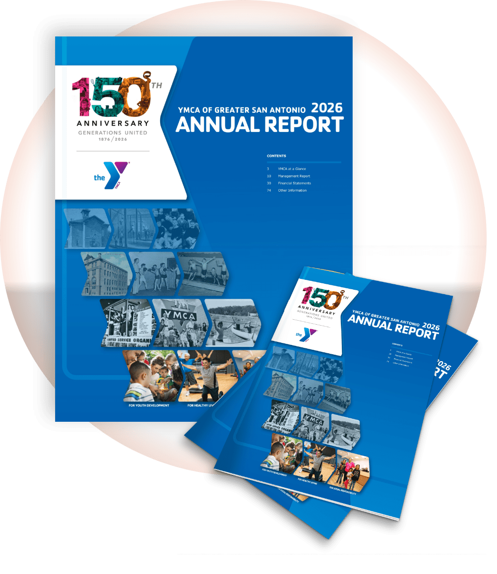 Annual Report cover with small stack of annual reports in front