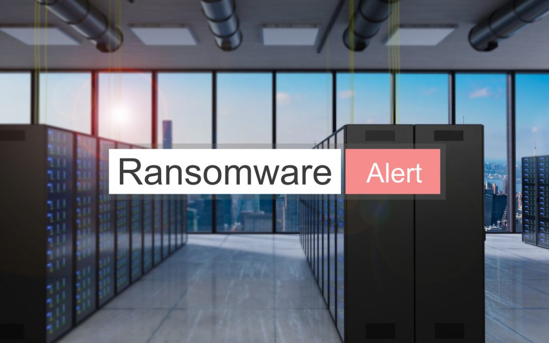 A large server room with floor-to-ceiling windows and a text bar reading ransomware alert.
